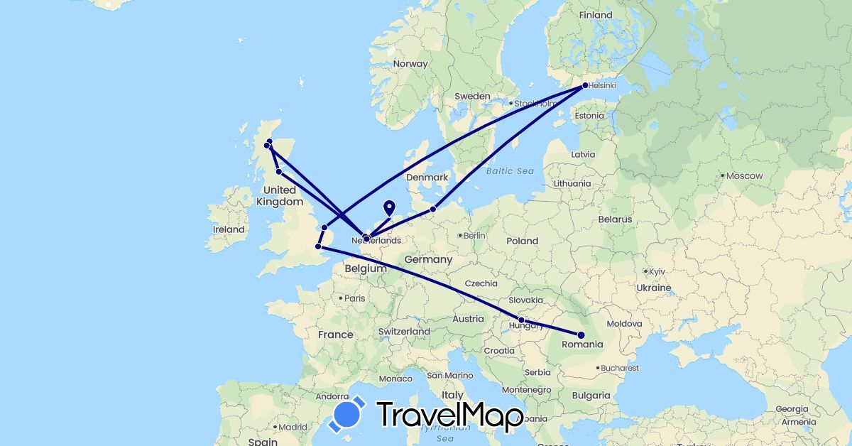 TravelMap itinerary: driving in Germany, Finland, United Kingdom, Hungary, Netherlands, Romania (Europe)